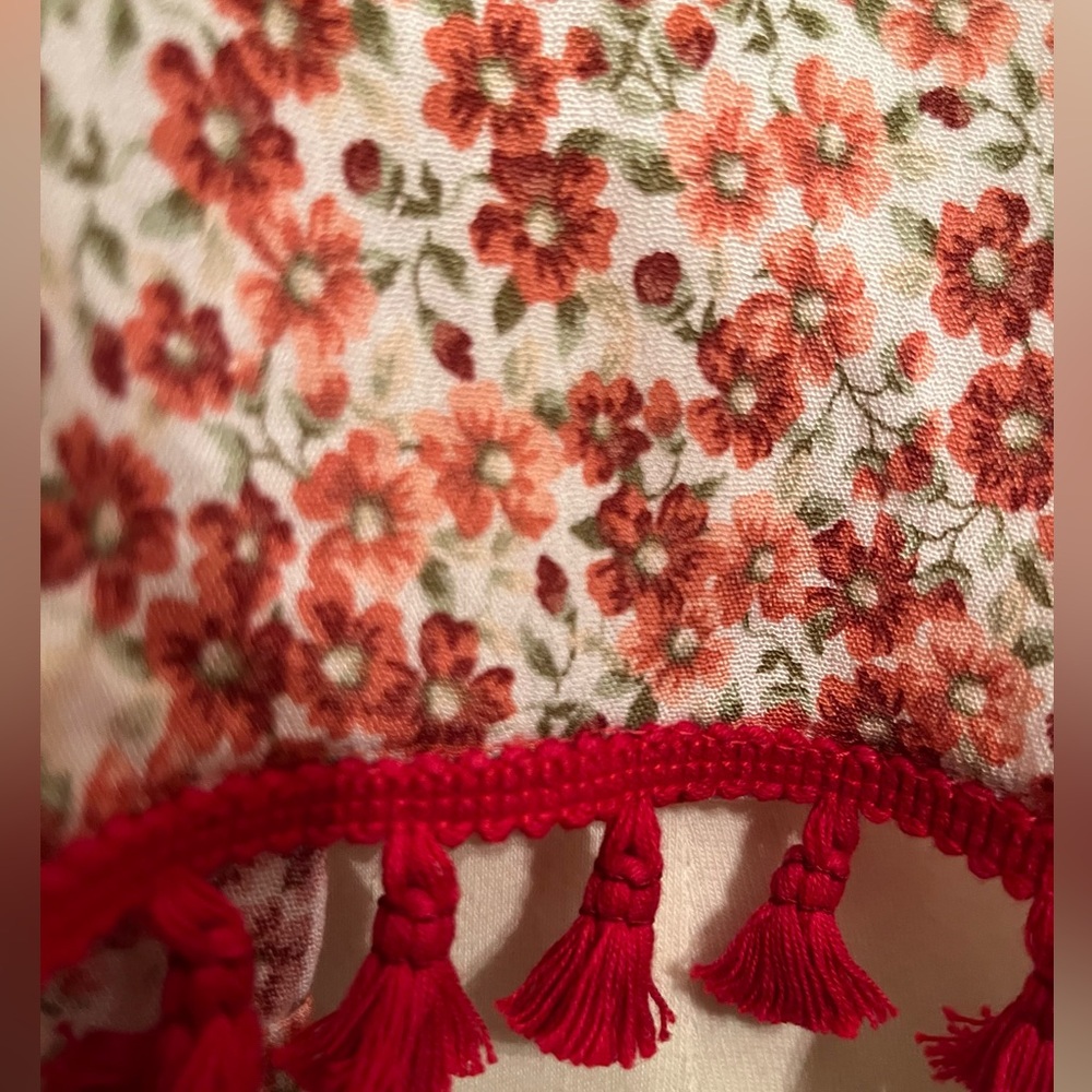 Handcrafted Floral Print Scarf in Light Pink Red and Green with Red Trim - Picture 5 of 8